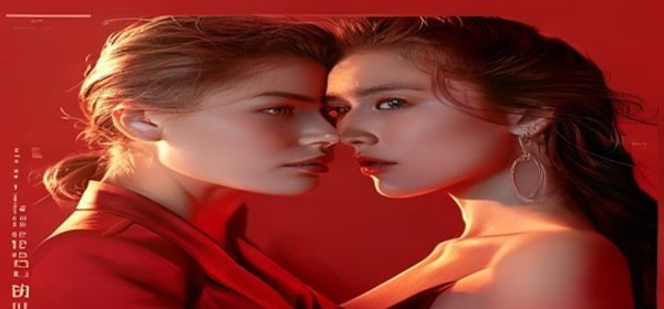 欧美女优精选作品封面，玫红调专业影棚拍摄，两位女演员对视，灯光层次丰富画面质感强